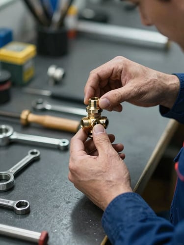 Close-up of a service technician's hands tightening a pipe fitting under clean workshop lighting, tools laid out on a dark workbench beside them, shallow depth of field