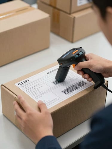 Close-up overhead shot of a logistics worker's hands at a desk scanning a barcode label on a cardboard shipping box with a handheld scanner, a printed customs manifest visible beside the box, practical fluorescent office lighting, a second stack of labeled boxes slightly out of focus in the background—no faces, no posing, operational detail in sharp focus