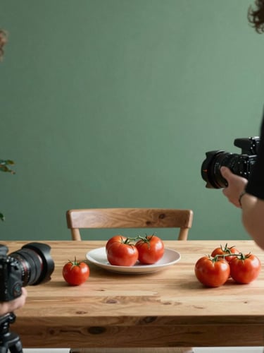 Behind the scenes agency work, creative team planning a food photoshoot on a wooden table, camera gear and fresh tomatoes visible, soft side-lighting