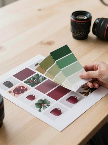 Behind-the-scenes agency work, a creative team planning a social media grid layout on a clean wooden table, hand holding a color swatch, soft natural side-light.
