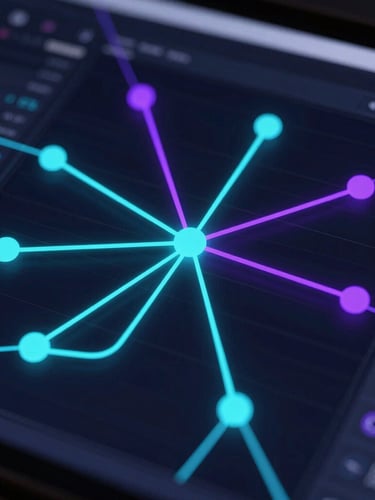 Extreme close-up of a node-based digital editing interface, glowing cyan and violet connection lines, high-contrast neon backlighting, deep obsidian background
