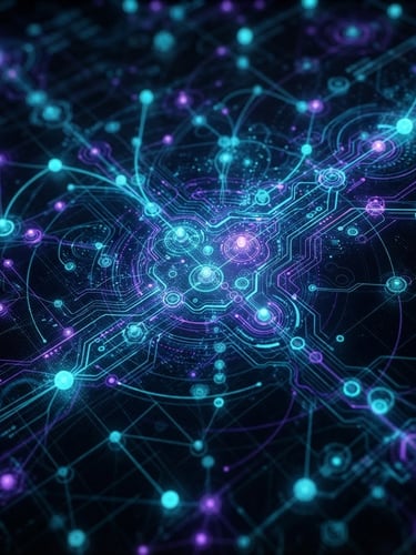 Extreme close-up of a sleek dark-mode digital interface, glowing cyan and violet nodes, high-tech motion graphics, 3d render, cinematic lighting