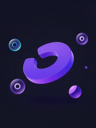 Sleek dark-mode user interface mockup, glowing violet accents, crisp typography, 3D rendered abstract shapes floating over a clean grid
