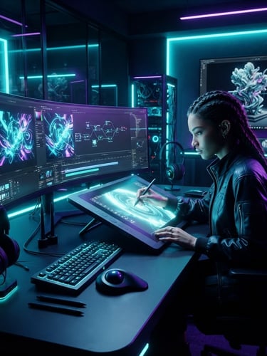 Cinematic AI-generated video still of a futuristic digital artist studio, dramatic neon backlighting, deep obsidian shadows, high-contrast cyan highlights