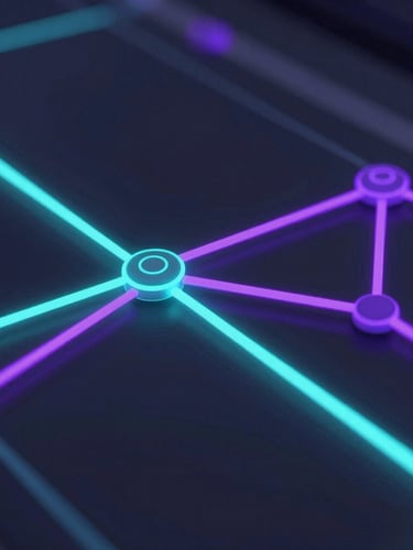 Extreme close-up of a node-based editing interface, glowing cyan and violet connection lines, crisp digital UI elements, dark mode aesthetic, 3d render