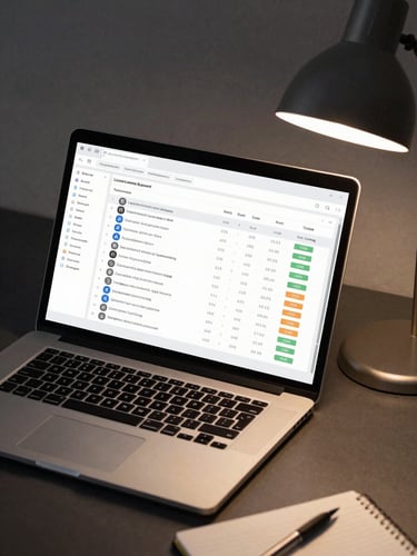 Overhead technical documentation-style shot of a laptop screen displaying a software license management dashboard with rows of license data, seat counts, and compliance status indicators, on a dark desk with a notepad and pen in the lower corner, tungsten desk lamp light from the right, sharp focus on the screen data