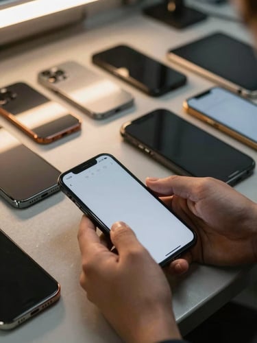 Close-up environmental shot: hands configuring a mobile device fleet on a steel-surface workbench, rows of smartphones and tablets visible in the background in a device lab, tungsten overhead lighting casting warm amber on the equipment, shallow depth of field on the foreground device screen