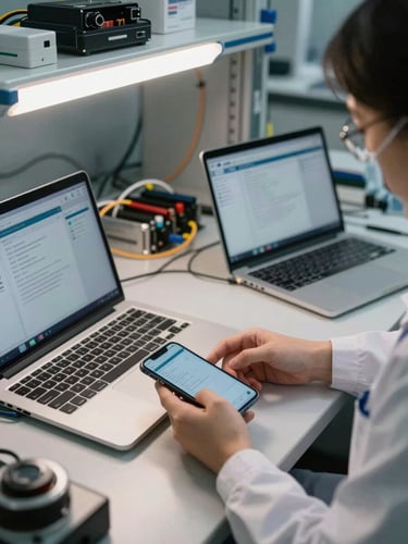 Close environmental shot inside a device staging lab, a technician's hands enrolling a row of smartphones into a fleet management system, laptops open beside them showing configuration dashboards, tungsten bench lighting, cable management trays visible in the background, institutional setting