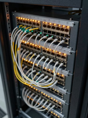 Close-up overhead shot of a network patch panel and switch rack inside a school server cabinet, cables labeled and routed cleanly, indicator LEDs glowing amber and green under warm tungsten light, institutional metal cabinet visible at frame edges