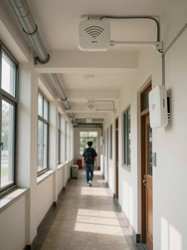 Environmental wide shot of a college corridor with Wi-Fi access points mounted on ceiling brackets, network conduit running along the wall, natural north-facing daylight from windows on one side, a student walking past in soft background focus, infrastructure visible and purposeful