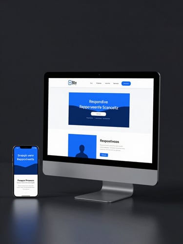 Straight-on clean studio shot of a modern responsive website mockup displayed on a sleek desktop monitor and a mobile phone side-by-side, soft drop shadows, minimalist dark workspace background, electric blue accents visible on the screens.