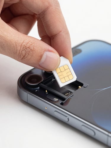 Extreme close-up macro shot of a hand inserting a nano-SIM card into the SIM tray of a modern smartphone, bright even studio lighting, sharp technical detail of the SIM tray mechanism, white background