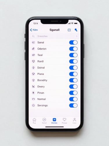 Overhead flat-lay of a smartphone screen displaying mobile network signal settings menu, bright even daylight from above, phone centred on white surface, technical UI detail sharp and legible, no hands, no branding visible