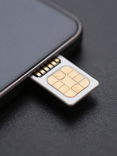 Extreme close-up macro of a nano-SIM card being inserted into a phone SIM tray, bright even studio lighting, crisp technical detail visible on gold contacts, dark charcoal background, no shadows