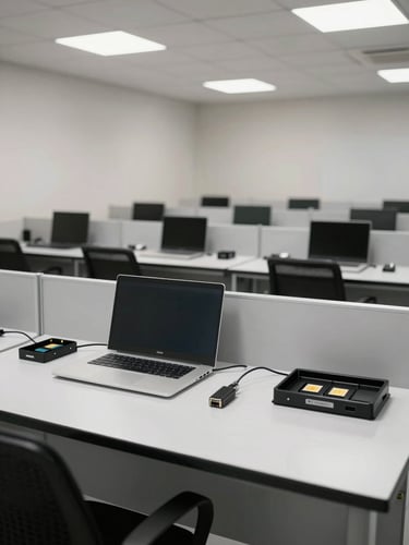 Wide environmental shot of an organised, empty support desk with a laptop, SIM card tray, and network cables laid out precisely, bright even overhead lighting, no people, clinical and direct composition