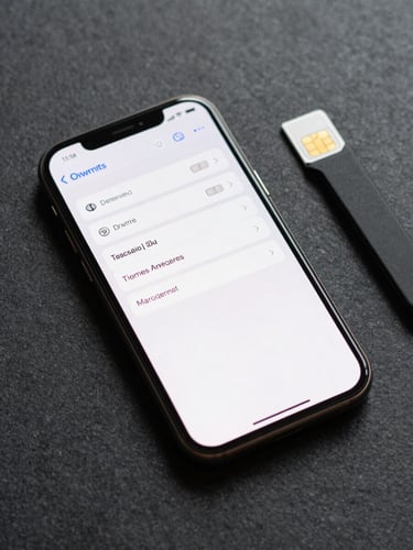 Overhead flat-lay of a smartphone face-up on a dark charcoal desk, screen displaying a network settings menu with signal bars visible, SIM card tool resting beside the phone, bright even studio lighting, extreme close-up crop showing technical detail of the screen interface