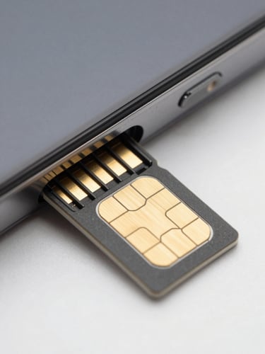 Extreme close-up macro shot of a nano SIM card being inserted into a phone tray, bright even studio lighting, sharp focus on SIM gold contacts, clean white background, overhead angle