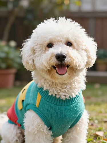 Eye-level medium shot of a happy fluffy dog wearing a colorful handmade teal sweater, soft focus garden background, warm natural daylight