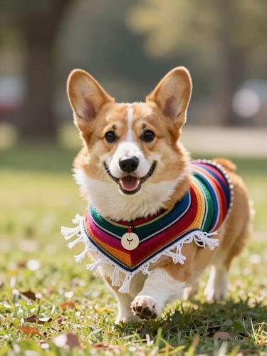 A happy corgi wearing a colorful handmade Mexican dog poncho, running in a bright sunny park, eye-level shot, warm natural daylight, soft focus background, 35mm lens