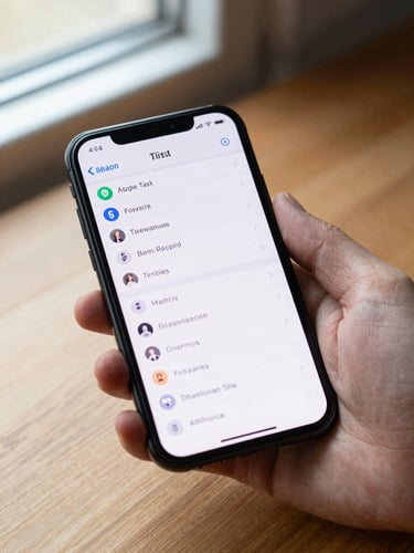 Close-up of an Android phone held in one hand on a wooden desk, the app's task list UI visible on screen at actual resolution, natural window light from the left, no shadows or studio setup