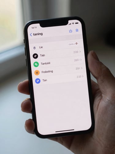 Close-up of an Android phone screen in a hand, showing a clean task-list utility app UI at actual resolution, natural window light from the left, plain desk surface visible