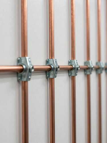 Close-up of clean, parallel copper lines running along an industrial wall, secured by heavy-duty galvanized steel clamps, professional HVAC craftsmanship.