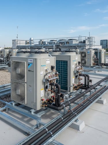 Crisp commercial photography of a modern VRF installation on a clean industrial rooftop, bright neutral daylight, sharp technical details, blue sky background.