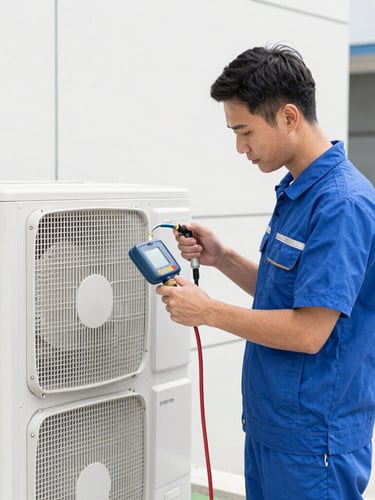 A professional HVAC engineer in a clean branded uniform using a digital manifold to service a commercial Inverter unit, bright neutral daylight, sharp technical details.