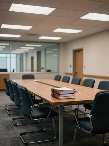 Wide conference room interior, empty chairs around a long table under recessed institutional lighting, a stack of bound case files visible at the near end, government building corridor visible through glass wall beyond