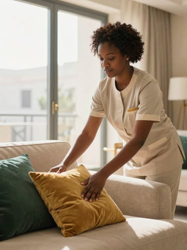 A professional African domestic worker in a neat, clean uniform arranging cushions on a sofa in a bright, modern Riyadh living room, warm natural daylight streaming through a large window, elegant beige and emerald green interior tones, shallow depth of field, warm editorial photography style.