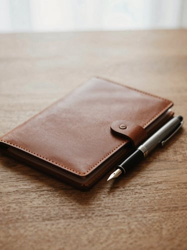Close-up of high-quality leather folder and fountain pen on a solid oak desk, soft overcast daylight, warm editorial photography, 35mm
