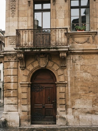 Architectural detail of classic Geneva stone building facade, warm editorial photography, soft overcast daylight, 35mm