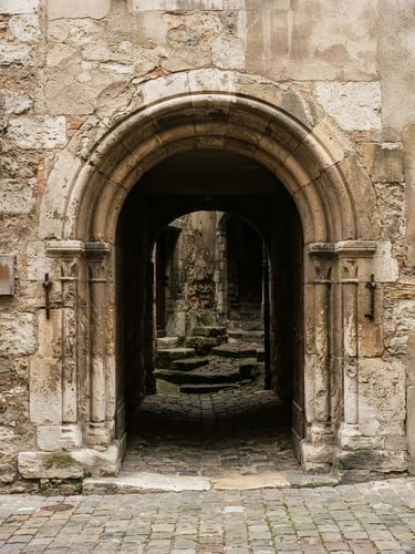 Architectural detail of an ancient stone archway in Geneva, soft overcast daylight, desaturated earth tones, 35mm