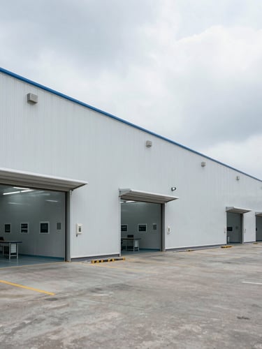 High-contrast architectural shot of a sterile pharmaceutical logistics hub in Mumbai, cool overcast daylight, secure transport docks, clean-room environment, no people.