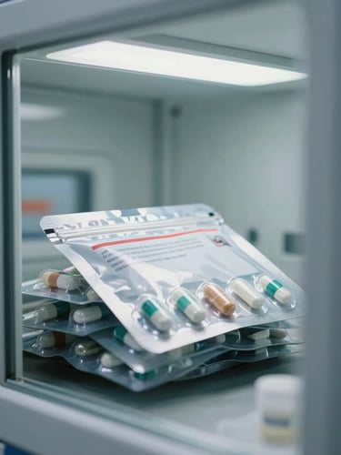 High-resolution close-up of sealed, branded pharmaceutical packaging inside a clean-room logistics hub, cool sterile lighting, architectural framing.