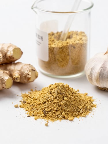 Bright high-key product photography of pure ginger and garlic powders in clean glass laboratory beakers, soft natural daylight, sharp focus