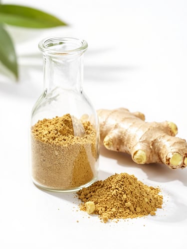 Bright high-key product photography of pure ginger powder in a clean glass laboratory flask, raw ginger root beside it, soft natural daylight, white background