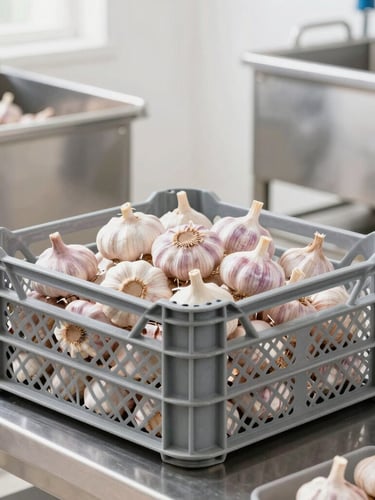 A clean, modern stainless-steel processing environment with agricultural crates of fresh garlic, bright natural daylight, industrial hygiene focus