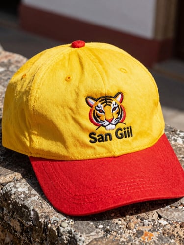 Close-up of a vibrant yellow and red tiger cap sitting on a rustic stone ledge in San Gil, bright Colombian sunlight, sharp focus on embroidery, 35mm