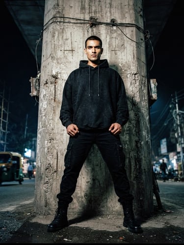 Low-angle heroic shot of a model wearing an oversized heavy-weight black hoodie, standing against a raw textured concrete pillar in New Delhi, high-contrast direct flash, deep shadows, 35mm film aesthetic.