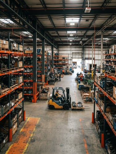 Wide panoramic shot of a well-lit industrial warehouse interior, racks filled with heavy-duty machinery parts, a forklift moving crates, high-contrast lighting, deep charcoal and safety orange accents, 35mm.