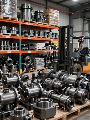 Wide shot of a well-organized industrial warehouse interior, high-contrast lighting, shelves stacked with heavy-duty machinery parts and components, metallic textures, a forklift in the background, sharp focus, 35mm.