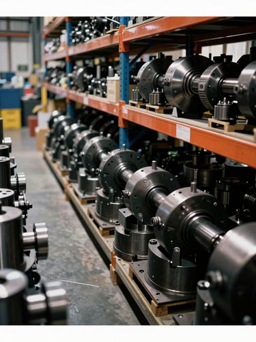 Portrait-oriented industrial photograph of a well-organized warehouse interior, aisles of heavy-duty machinery parts, metallic textures, high-contrast lighting, 35mm.