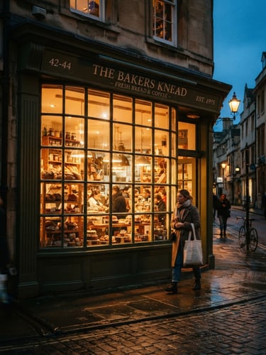 Warm street photography of a cozy independent British corner shop storefront glowing at dusk, rich saturated tones, 35mm film aesthetic, George Street Oxford