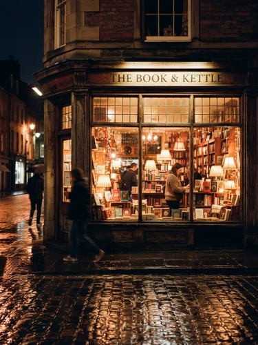Warm street photography of a cozy independent corner shop window at night, glowing interior light spilling onto wet pavement, rich saturated tones, 35mm film style
