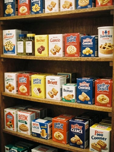 Close-up of a neatly stocked shelf of classic British snacks and daily essentials inside a warm, cozy corner shop, soft lighting, rich saturated tones, 35mm film aesthetic