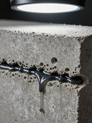 Extreme close-up cross-section of a concrete block with SBR waterproofing chemical visibly absorbed into the porous matrix, liquid penetration shown mid-absorption, studio strobe lighting from top, sharp technical framing