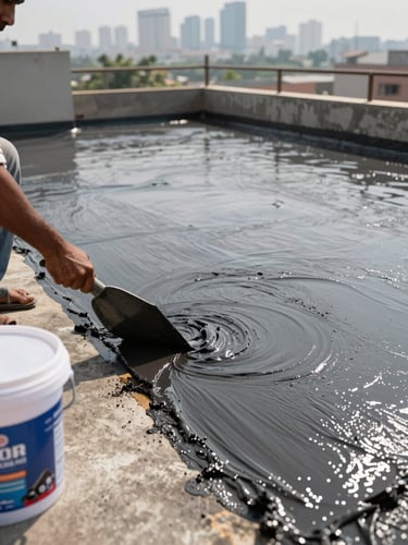 Wide panoramic overhead view of a terrace waterproofing application in progress, contractor's hands spreading dark SBR slurry coat across a rough concrete slab under harsh neutral daylight, product bucket visible at lower left edge, Mumbai skyline softly out of focus in background