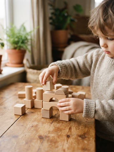 Warm editorial photography of a child's hands arranging smooth handcrafted wooden blocks on a rustic pine table, soft natural window light, earthy organic tones, shallow depth of field, 35mm