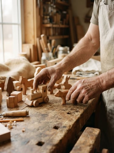 Close-up of artisan hands arranging wooden toys on a rustic workbench, soft natural side lighting, warm tones, tactile textures